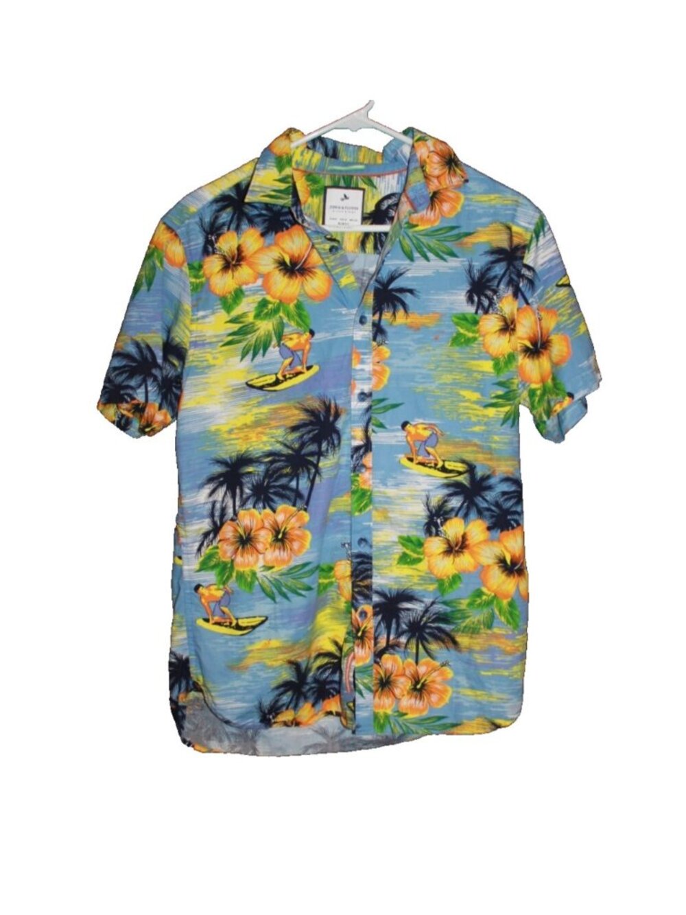 Denim & Flower Shirt Men's Size M Slim Fit Hawaiian Button Up Short Sleeve Shirt